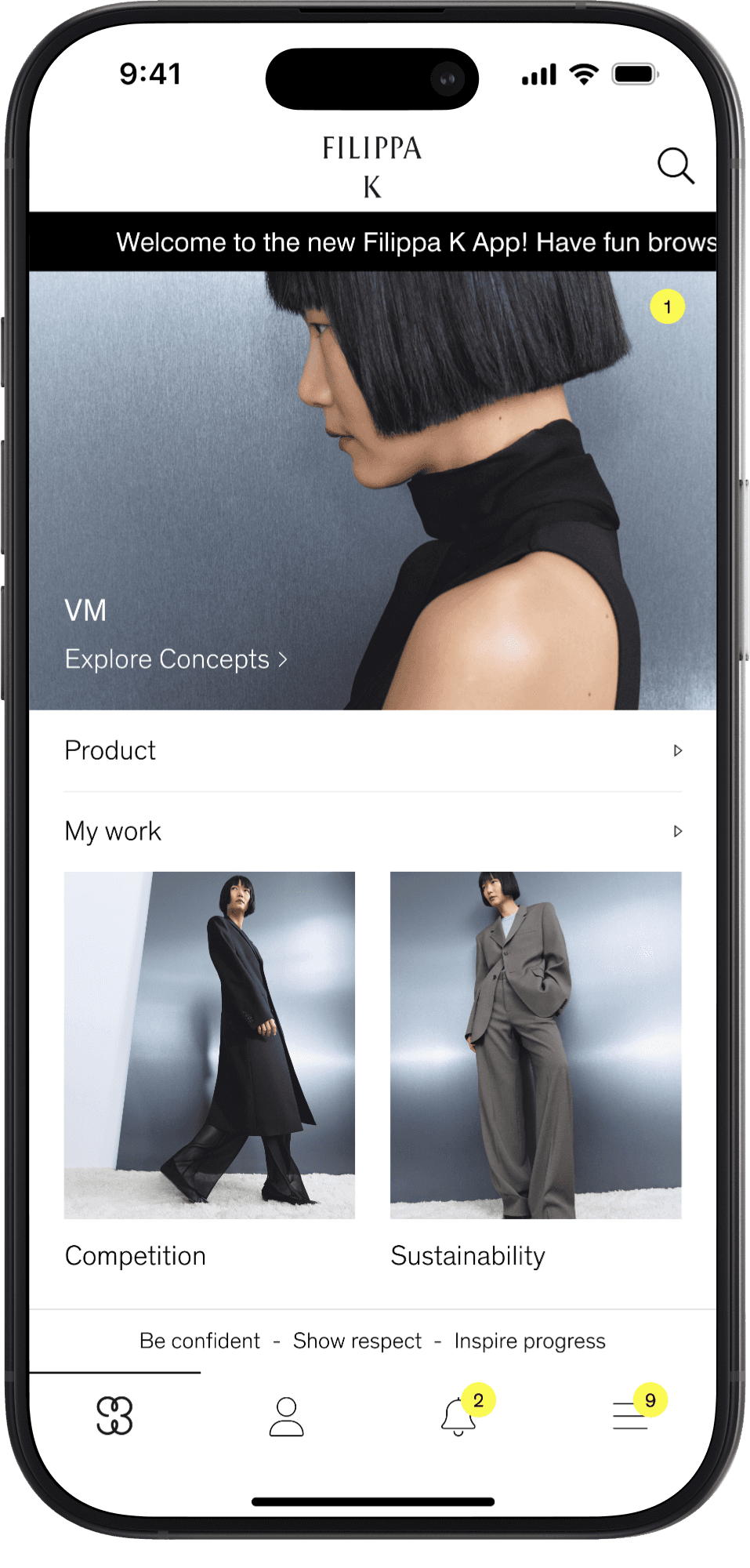 Mobile app interface showing the Filippa K internal app home screen with navigation, product exploration, and brand content.