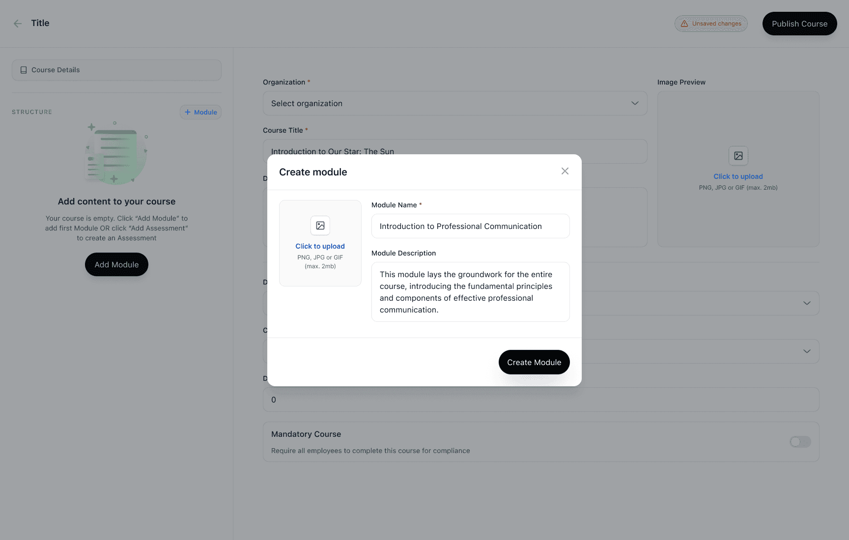 Create module modal with name and description fields