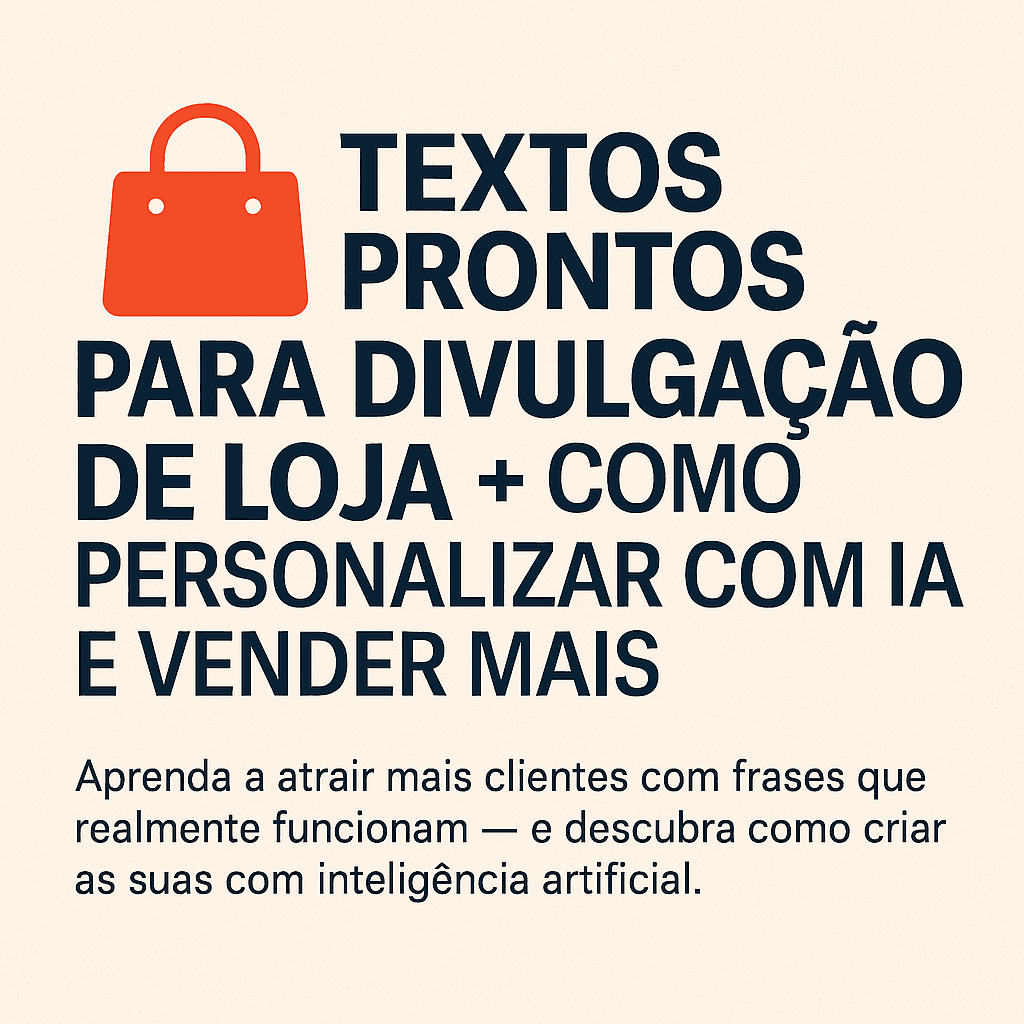 Imagem em formato 4:3 com fundo claro e ilustração de uma sacola laranja no topo esquerdo. Ao lado, o texto em destaque diz: "Textos prontos para divulgação de loja + como personalizar com IA e vender mais". Abaixo, em fonte menor, a descrição: "Aprenda a atrair mais clientes com frases que realmente funcionam — e descubra como criar as suas com inteligência artificial.