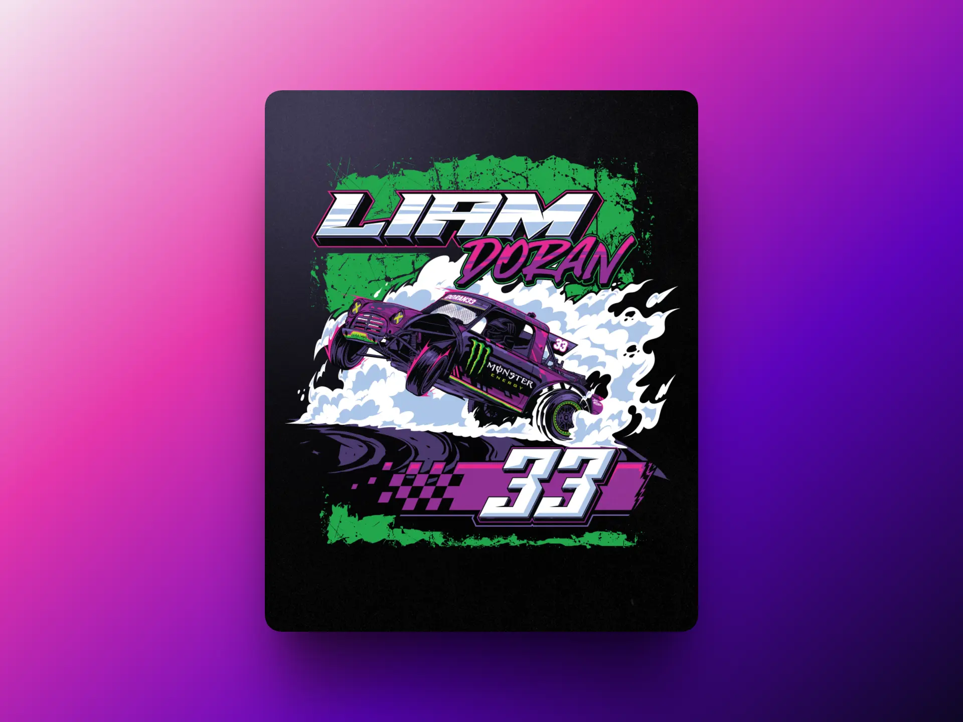 From racing identity to fan-ready merchandise This T-shirt was designed as a brand asset, not just a graphic. The artwork needed to carry Liam Doran’s racing identity across apparel, digital channels, and fan merchandise, while staying consistent with sponsor presence and the wider LD33 visual language. The final design balances impact and usability. It is bold enough to command attention at motorsport events, yet refined enough to work as everyday streetwear. This approach allows the design to perform across multiple touchpoints, from trackside merchandise and social media to e-commerce product listings and promotional content. Key outcomes: Strong visual recognition tied to the LD33 brand Scalable artwork suitable for apparel, print, and digital use Merchandise designed to connect with motorsport fans, not just racers
