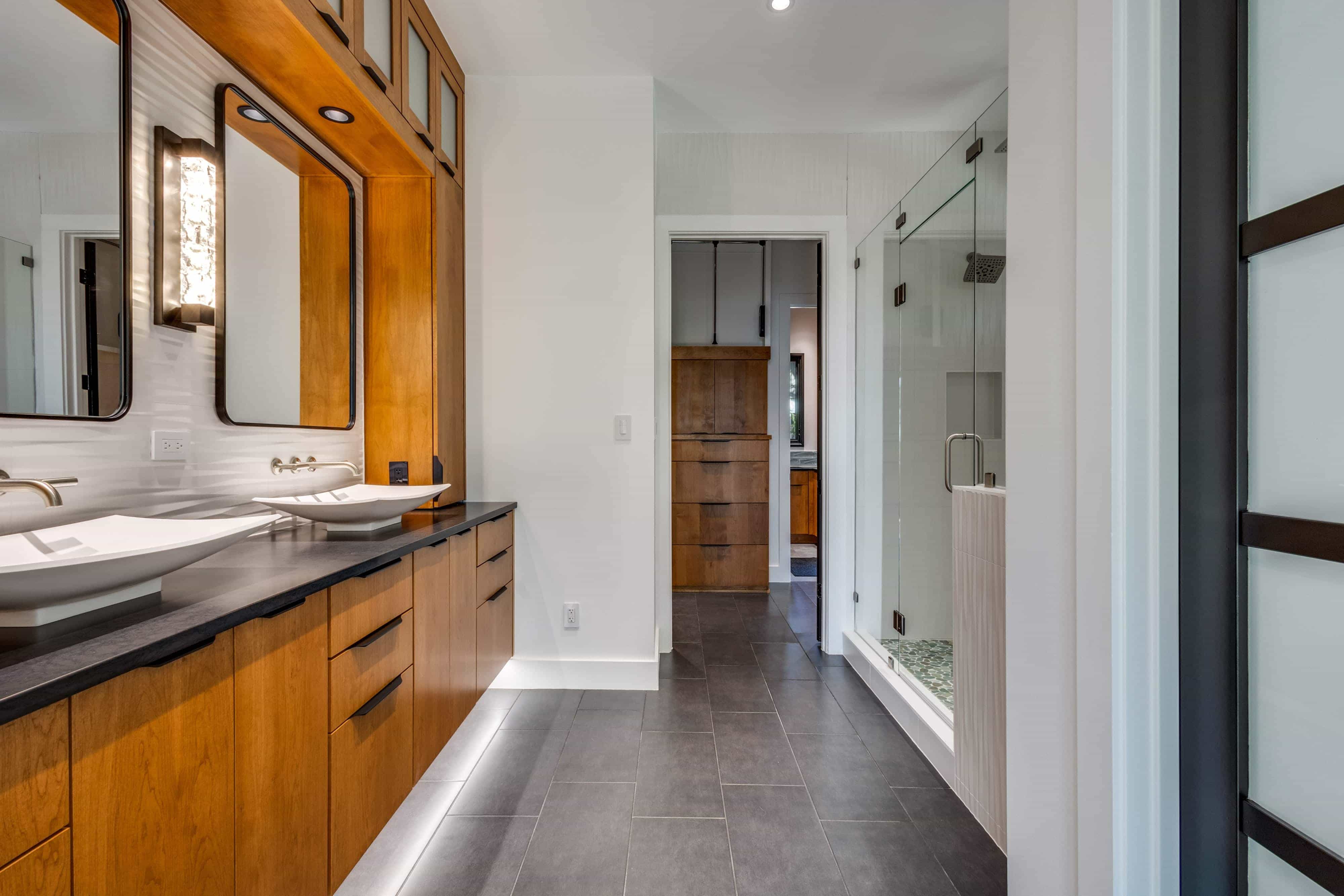 modern lake house master bathroom construction