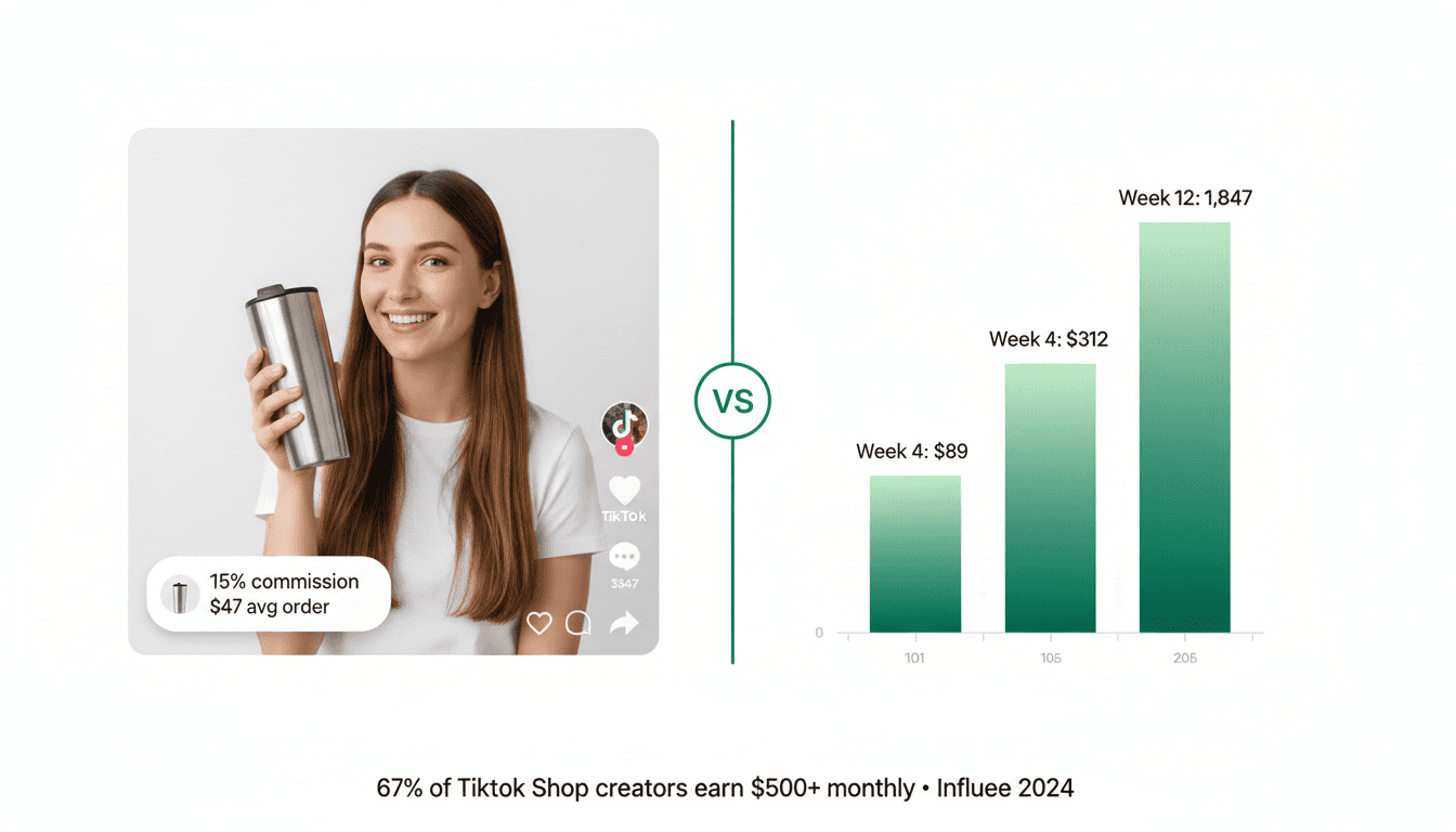 TikTok affiliate and Shop earnings — left panel showing product tag with 15% commission, right panel bar chart showing Week 1 $89, Week 4 $312, Week 12 $1,847