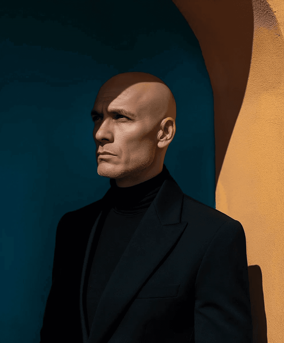 Bald man in black suit against colorful Casa Verde Framer Template background.