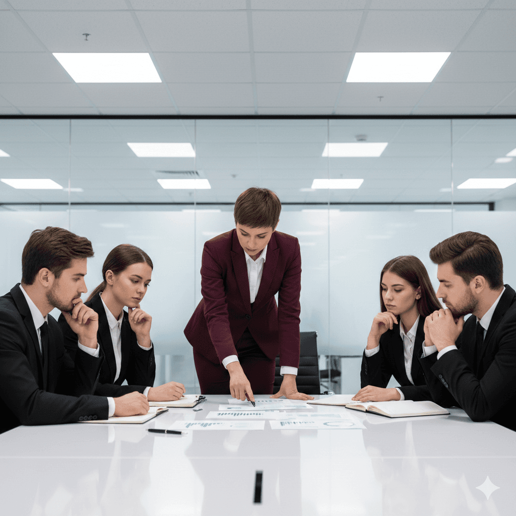 A business meeting in a modern office. Four seated professionals in suits focus on a standing colleague, who points to charts on the table, conveying teamwork.