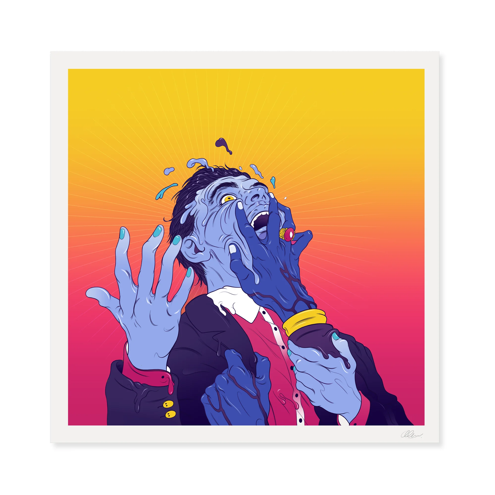 Everything Everything – Get To Heaven album artwork by Andrew Archer featuring a surreal blue figure melting into itself against a vivid yellow and pink background.