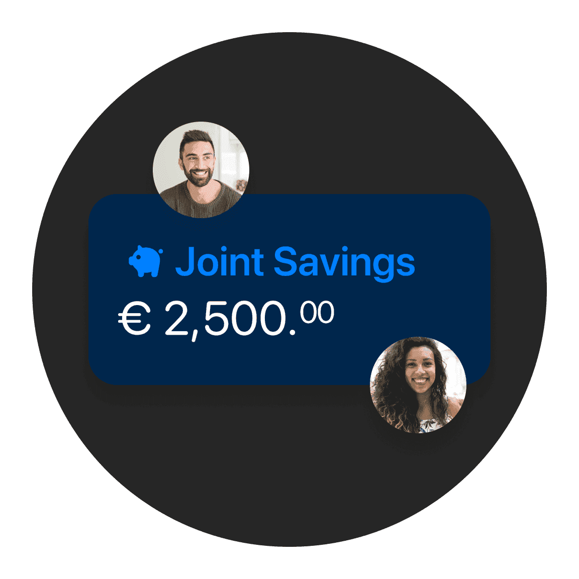 Graphic showing "Joint Savings" with an amount of €2,500 and two user icons.