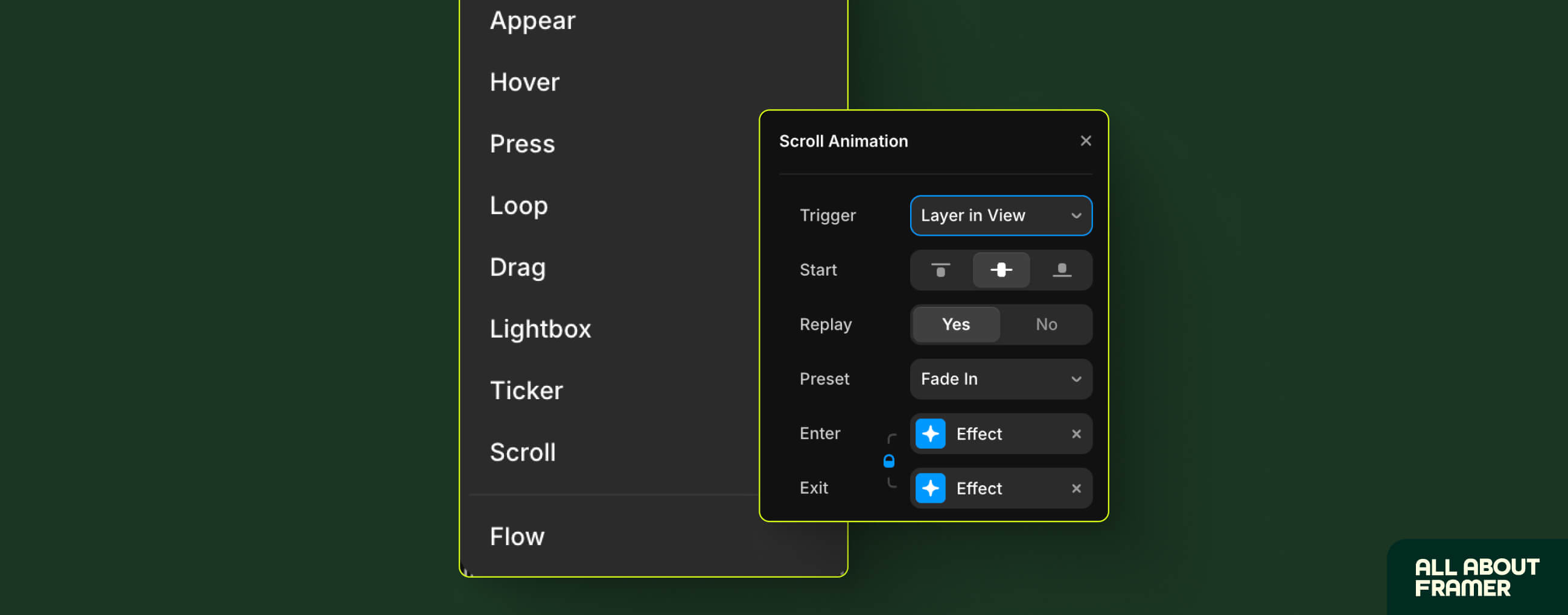 Framer animation panel showing fade-up scroll effect being applied to a landing page section with duration and trigger settings visible