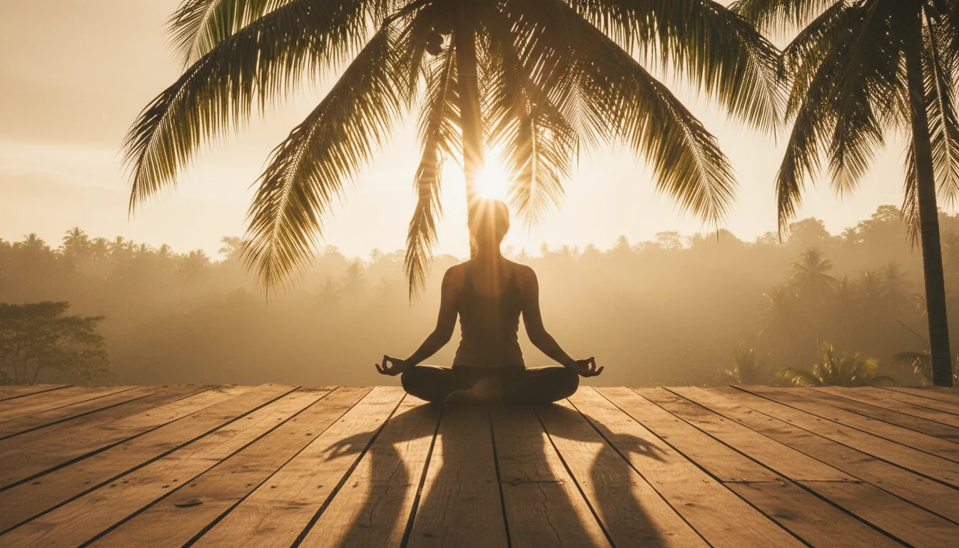 DSLR photograph of a person's silhouette meditating in a yoga pose on a rustic wooden deck in a tropical location. The scene is strongly backlit by the golden hour sun, creating a brilliant sunburst through the fronds of a palm tree directly behind them. The intense light creates warm rim lighting on their figure and casts a long shadow forward onto the wooden planks. The background is a hazy, misty jungle. The overall mood is serene and peaceful with a warm, orange-toned color palette and a slight film grain texture.