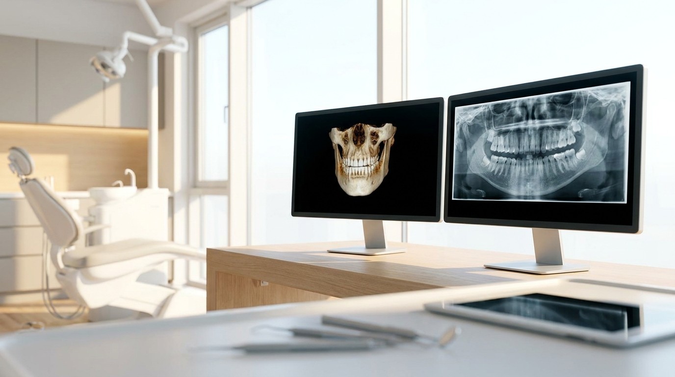 A dental CBCT 3D scan of a patient's jaw displayed on a monitor used to plan implant placement.