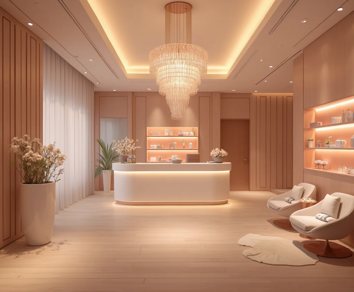 Réception luxueuse d'un spa médical avec un éclairage doux et ambiant, un grand lustre et un design minimaliste. L'espace comprend un comptoir d'accueil élégant et blanc avec des étagères rétroéclairées présentant des produits de soins de la peau. Des fauteuils confortables, des tons neutres et de délicates compositions florales créent une atmosphère sereine et accueillante.