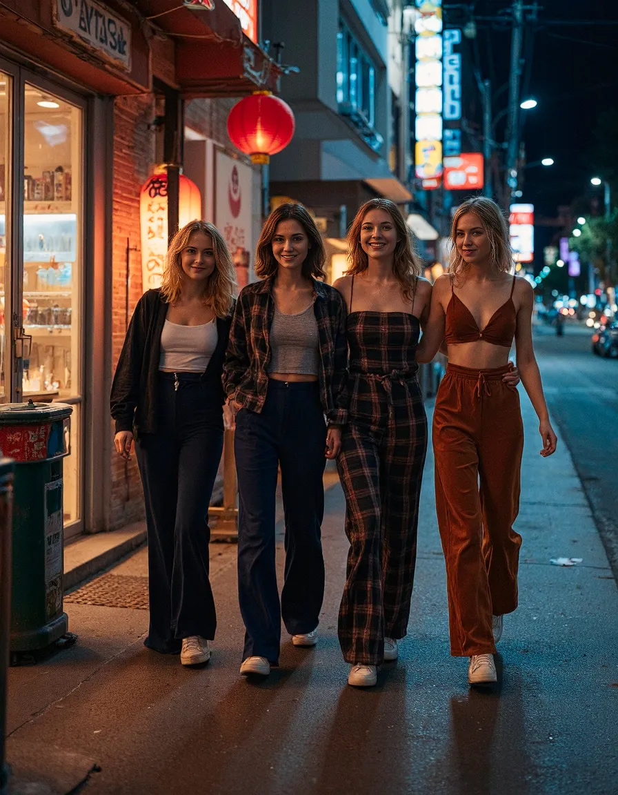 Group walking down vibrant city street at night with red lanterns and neon signs, wearing stylish outfits in urban setting