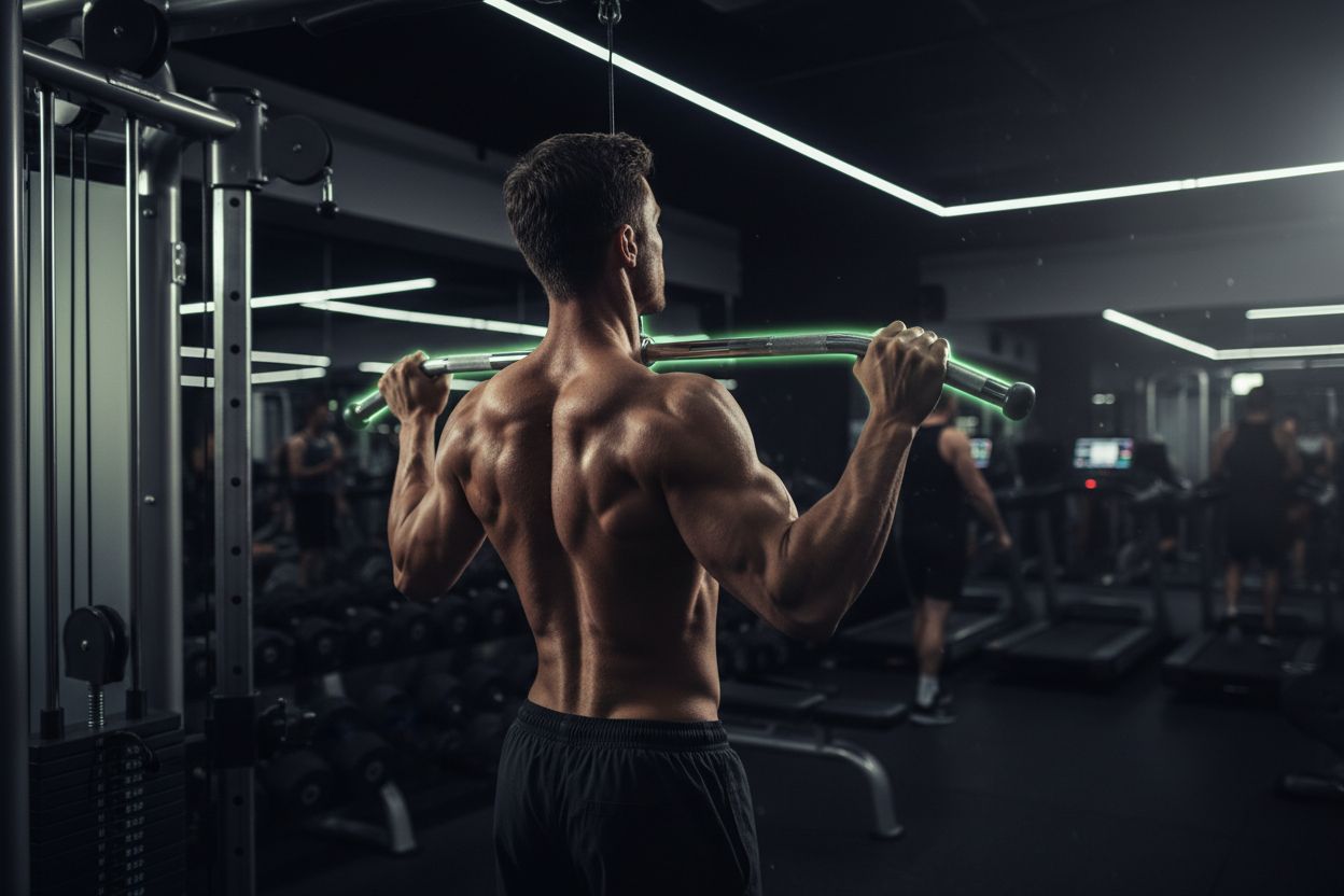 Person doing a lat pulldown in a gym