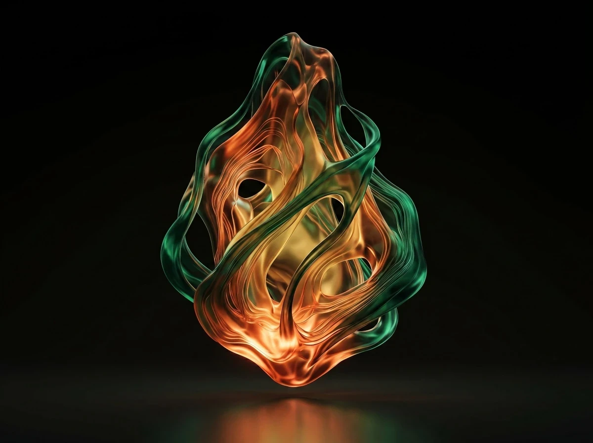Flame-like abstract sculpture made of translucent green and orange glass