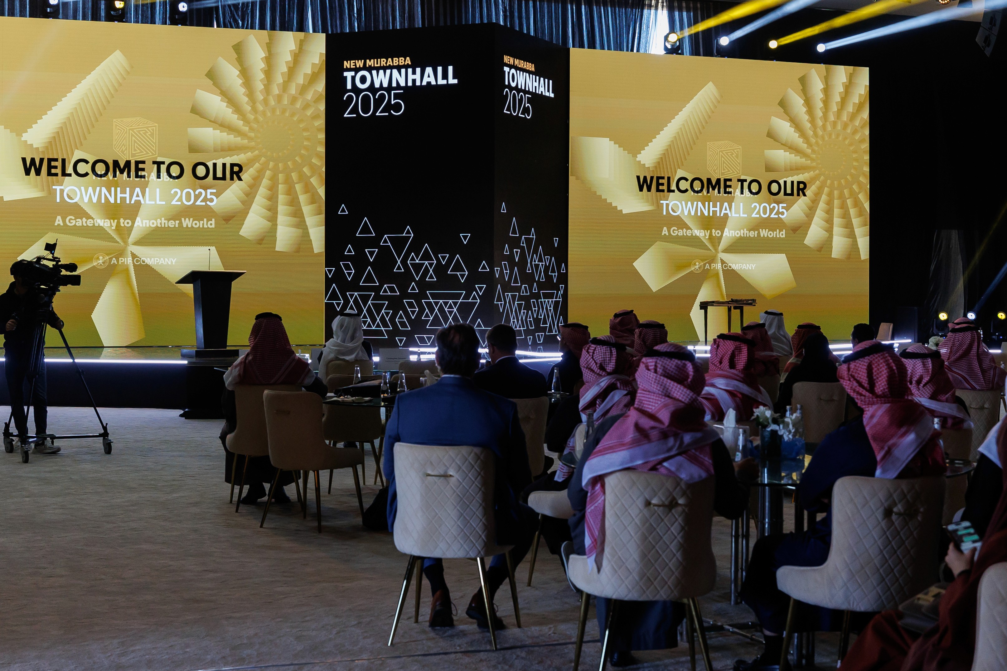 Saudi National Day installation with decorative panels at a GOSI office