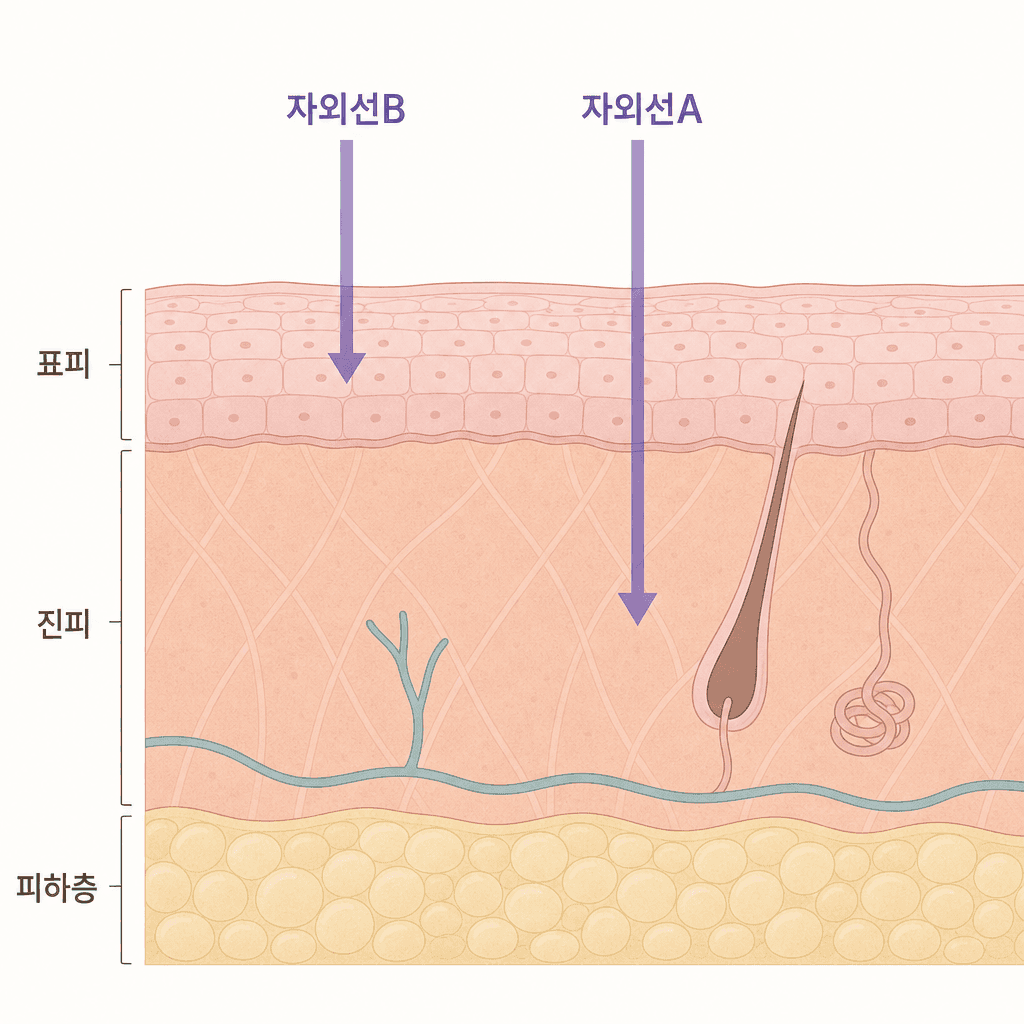자외선B는 표피, 자외선A는 진피까지 닿는 깊이 차이