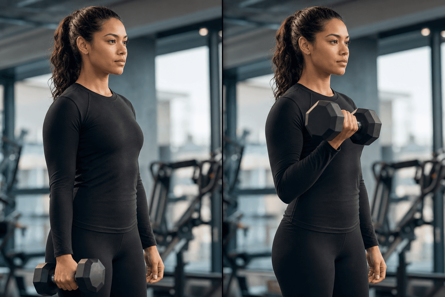 Athletic person performing a controlled dumbbell curl with focus on clean technique in a bright modern gym