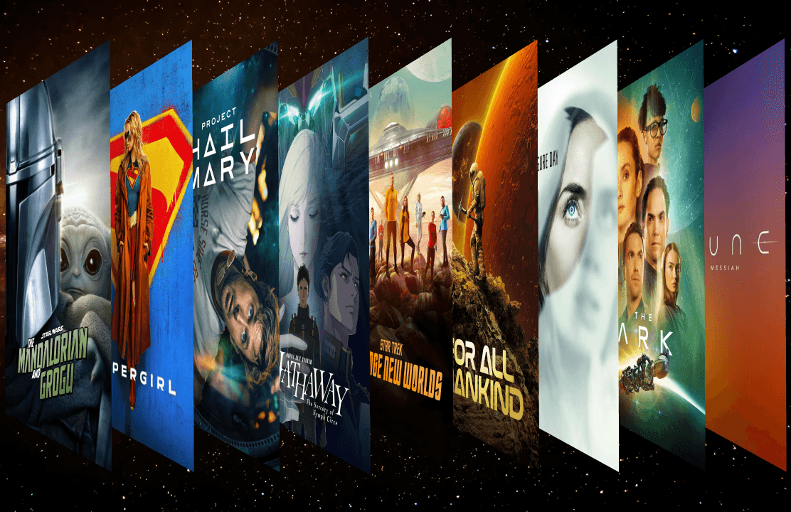 A dynamic collage showcases a series of science fiction and adventure TV and film posters against a starry black background, featuring titles such as "The Mandalorian," "Supergirl," "Project Hail Mary," and others, highlighting themes of space exploration, heroism, and futuristic storytelling.