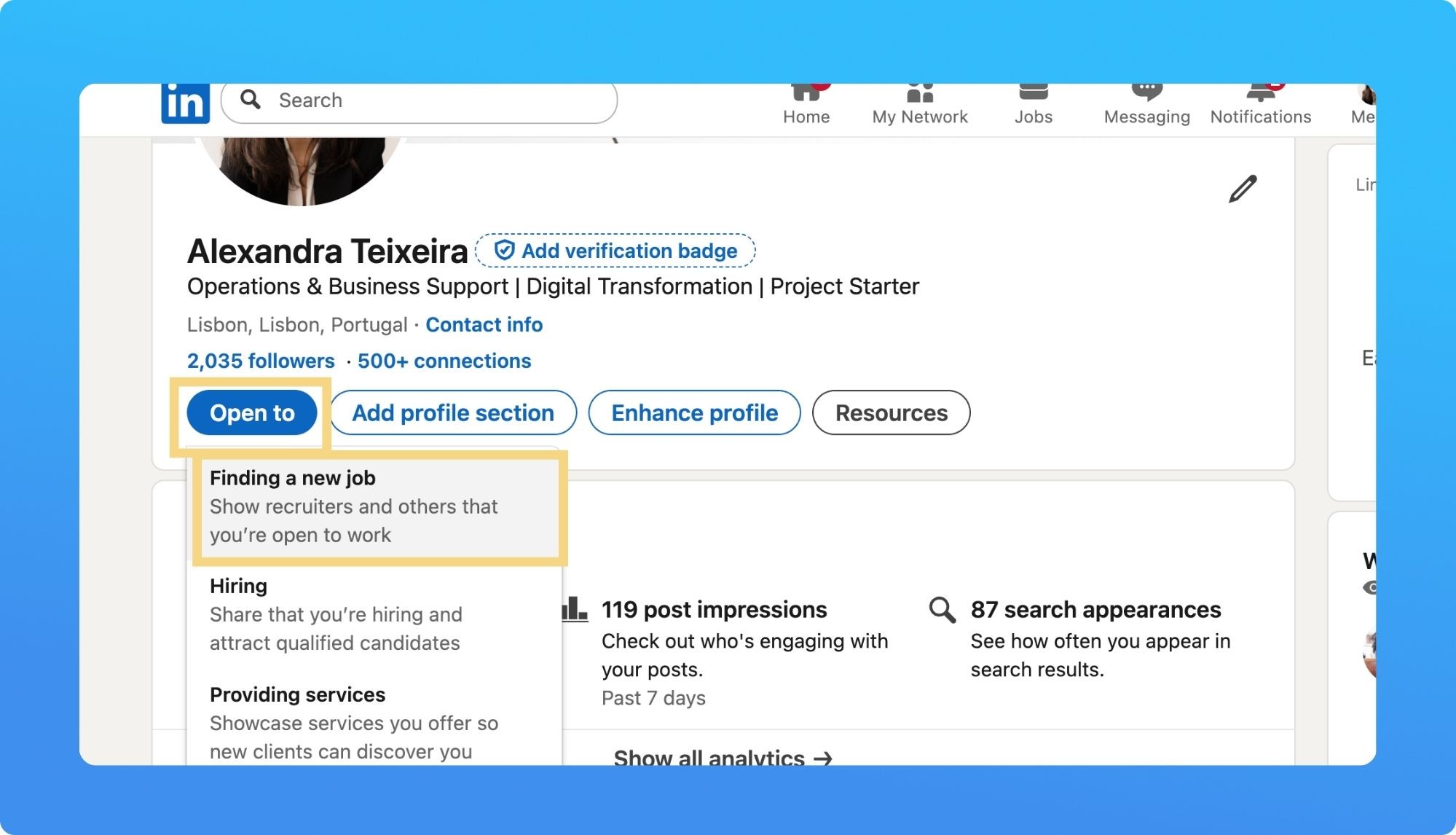 How To urn On the “Open to Work” Feature