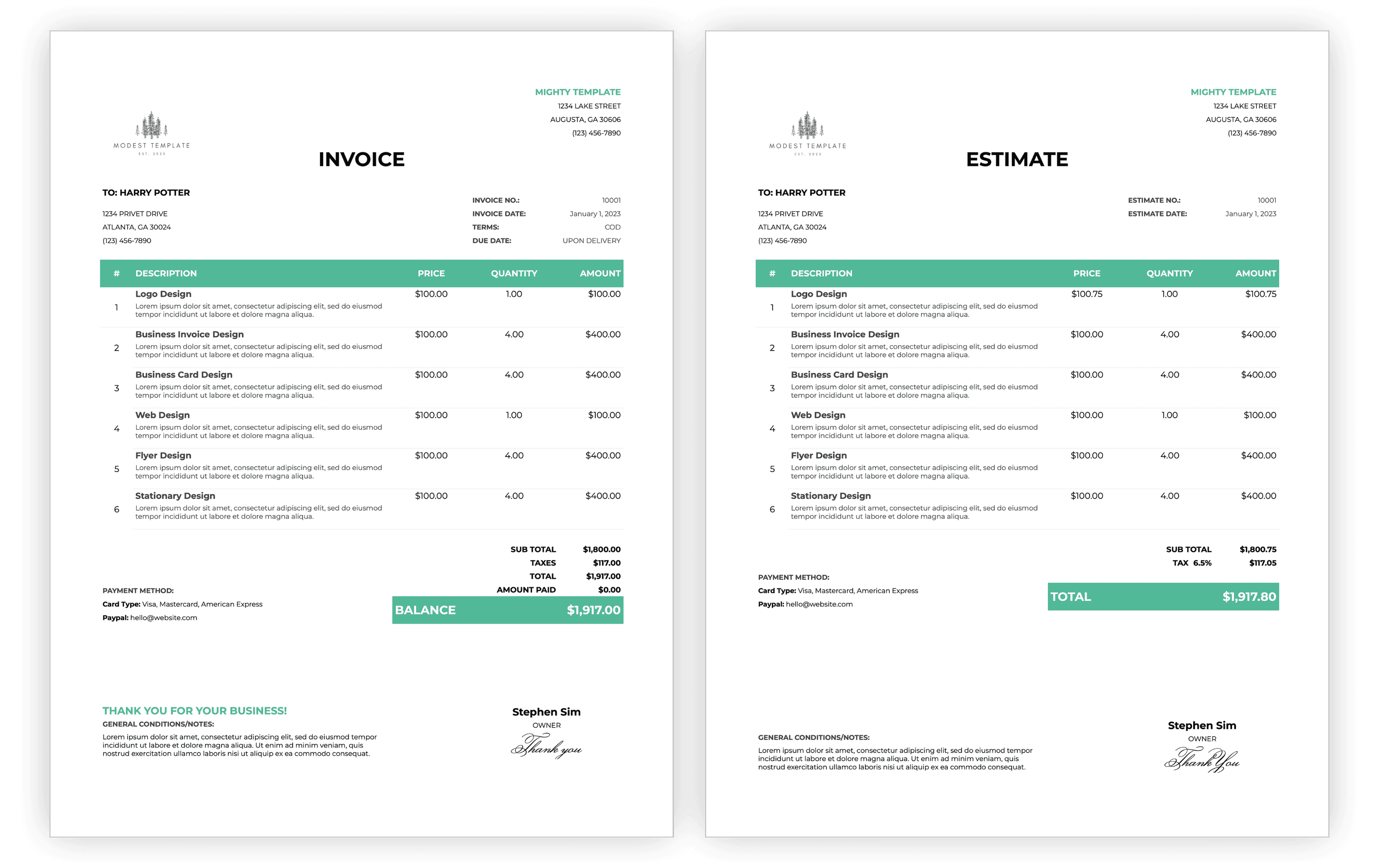 Professional business invoice and estimate templates side-by-side mockup in clean modern design with green accents – Mighty Template