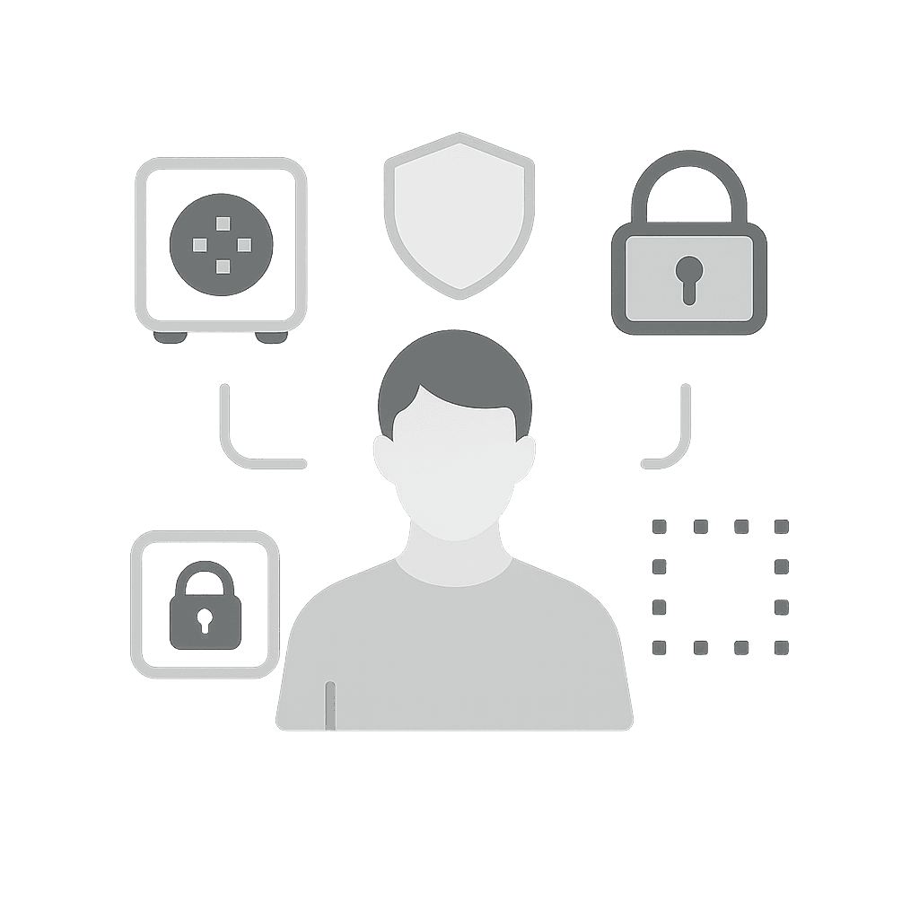 Darstellung einer Person umgeben von Sicherheitssymbolen: Tresor, Schild, Vorhängeschlösser und ein gestricheltes Quadrat. Steht für Datenschutz und Nutzerkontrolle.
