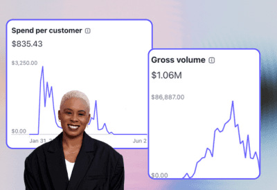 Ashleigh Warren, a person stands in front of two charts showing spikes in data trends, with a gradient background.