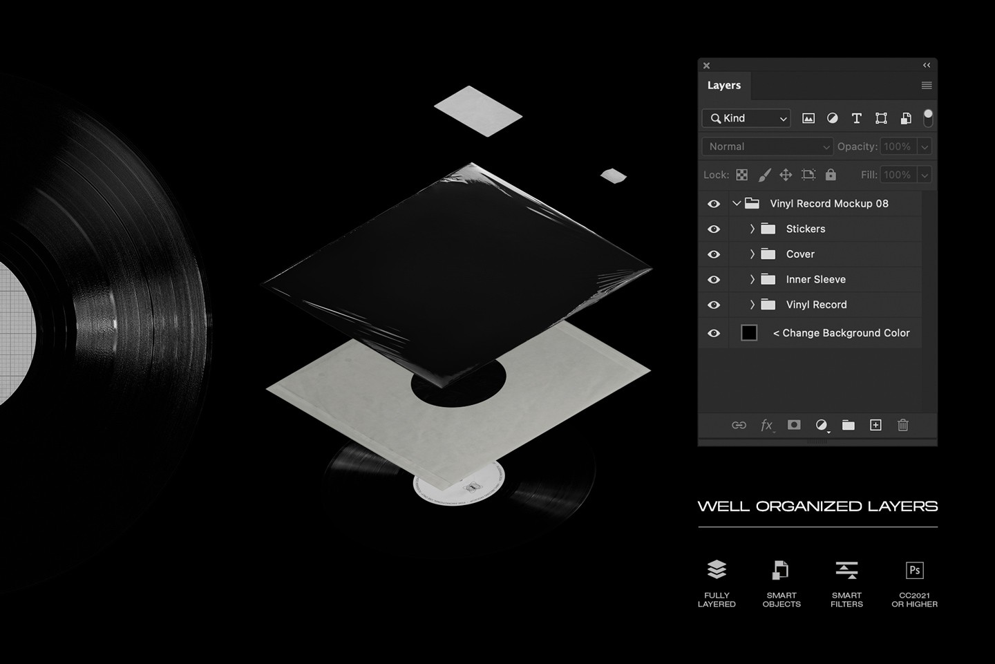 Vinyl record mockup Photoshop template with smart objects and organized layers
