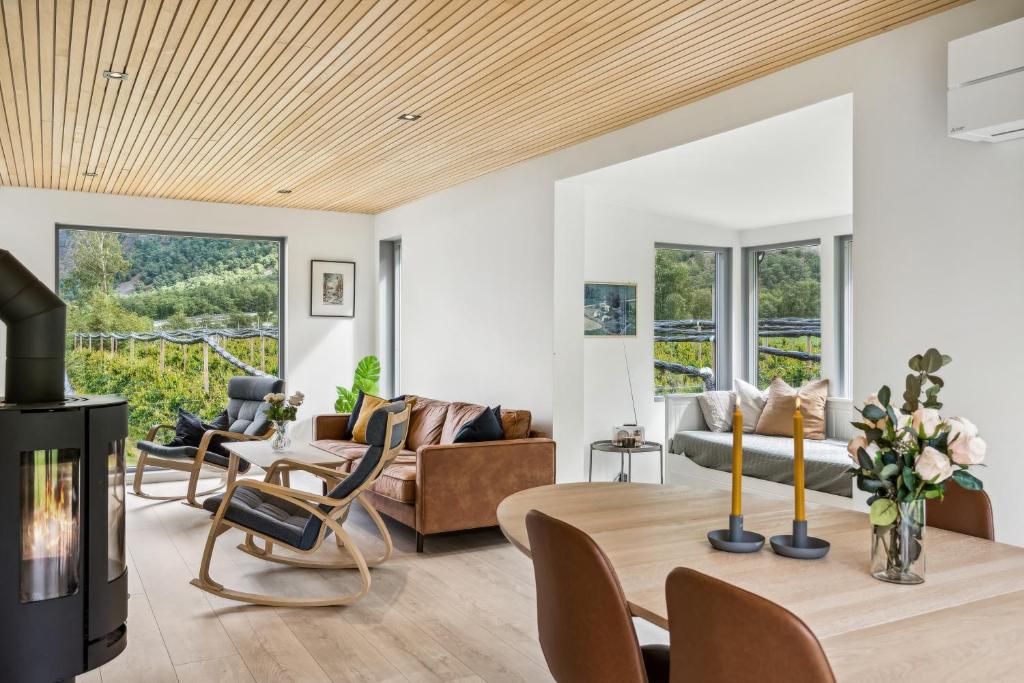 Neutral sofa with cushions and wooden coffee table