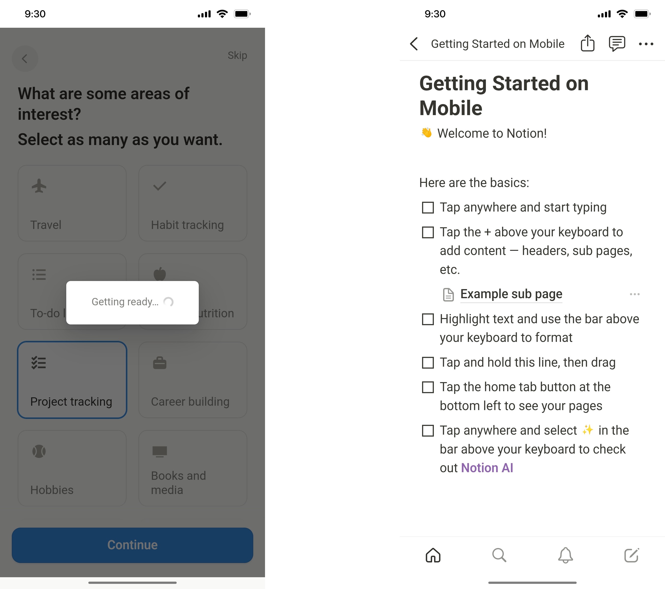 Notion App Getting Started on Mobile Screen