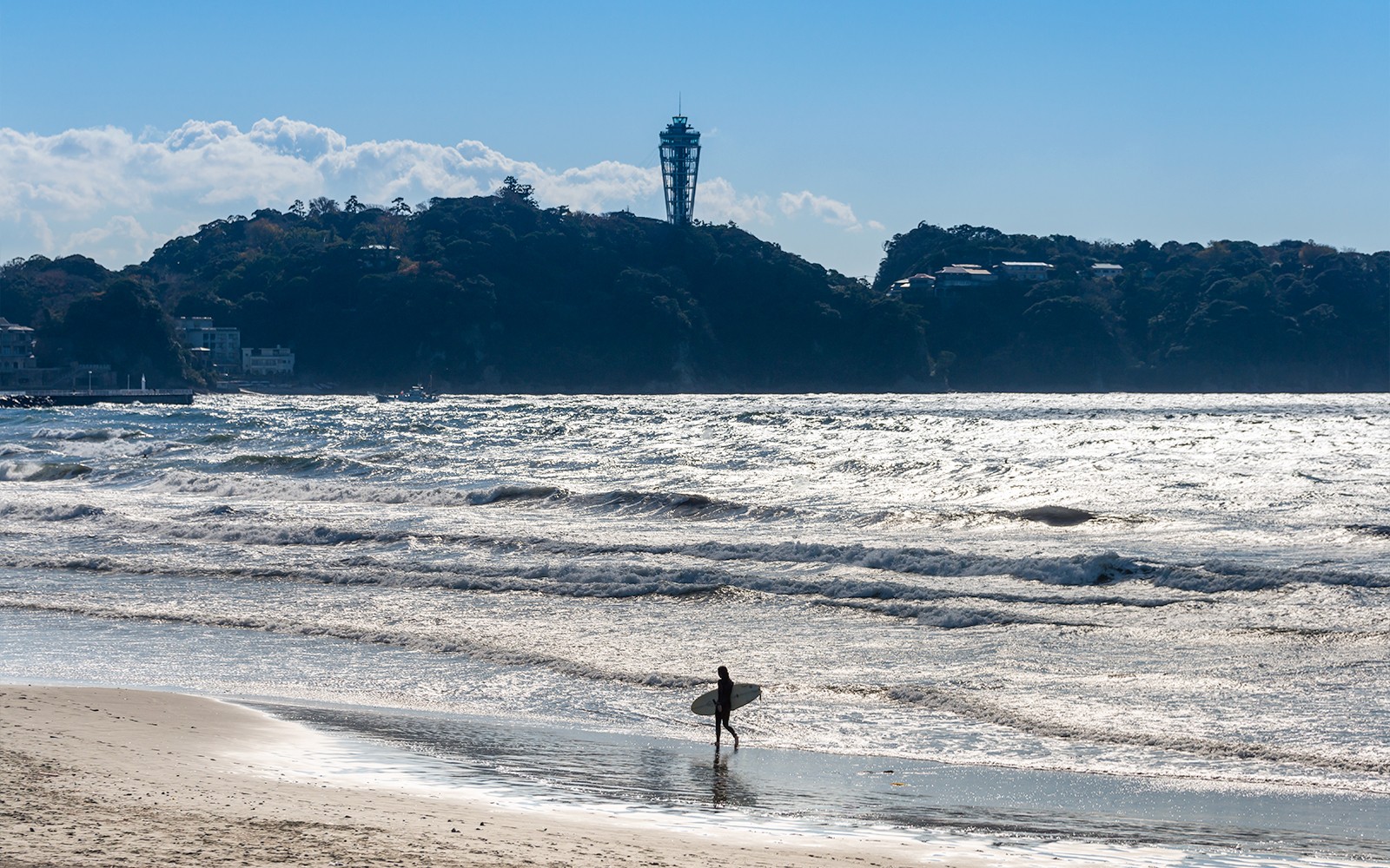 Surfer walking on Shonan beach of Enoshima