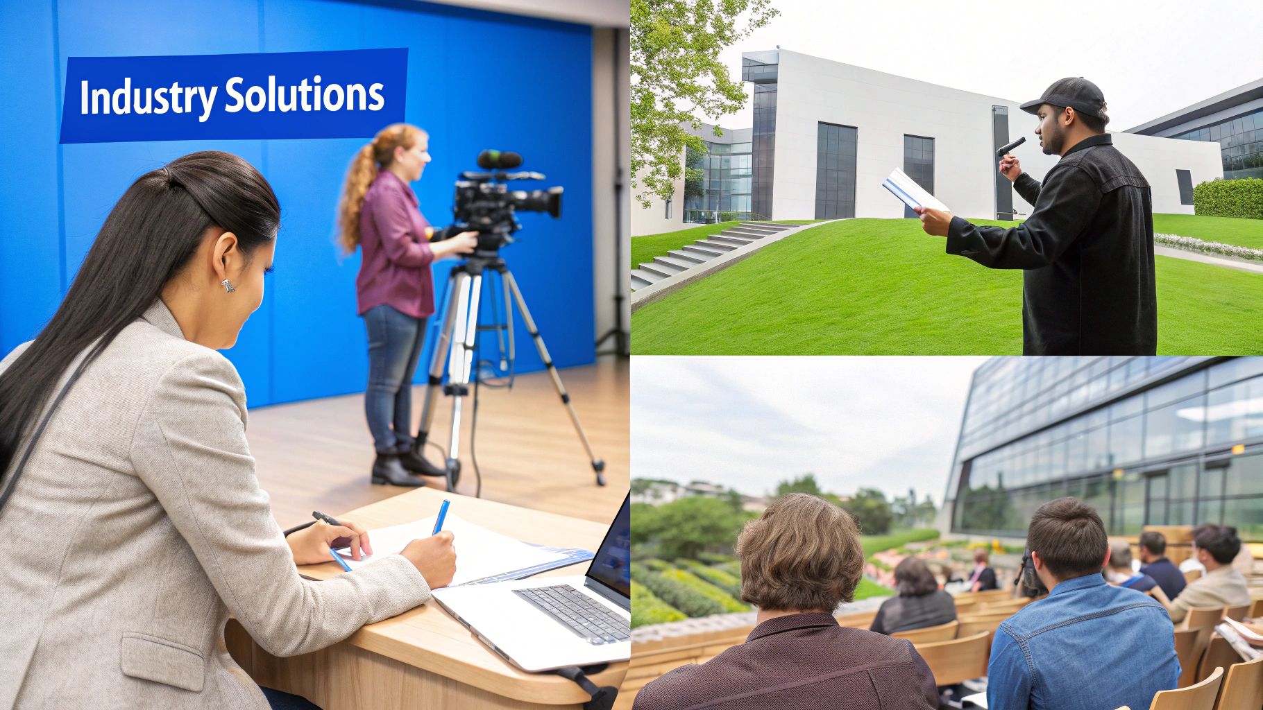 A diverse group of professionals in a modern office collaborating around a large screen displaying video thumbnails.