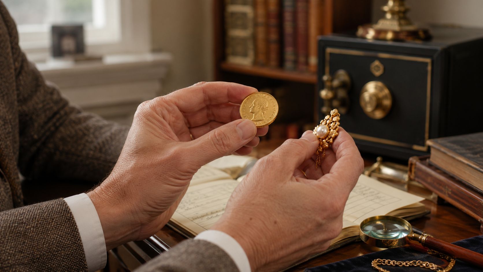 An elderly person holds a gold coin and a pearl brooch while working at a desk.