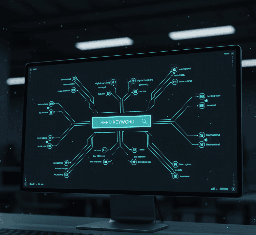 Illustration of an SEO keyword generator interface. A free AI marketing resource by Mahendra, digital marketing specialist.