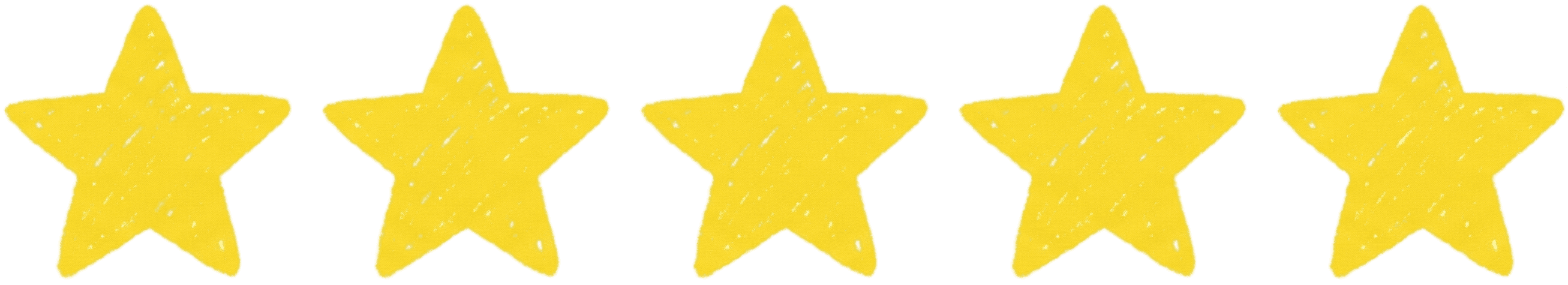 Five hand-drawn, textured yellow stars are aligned horizontally against a transparent background, symbolizing a five-star rating or quality.