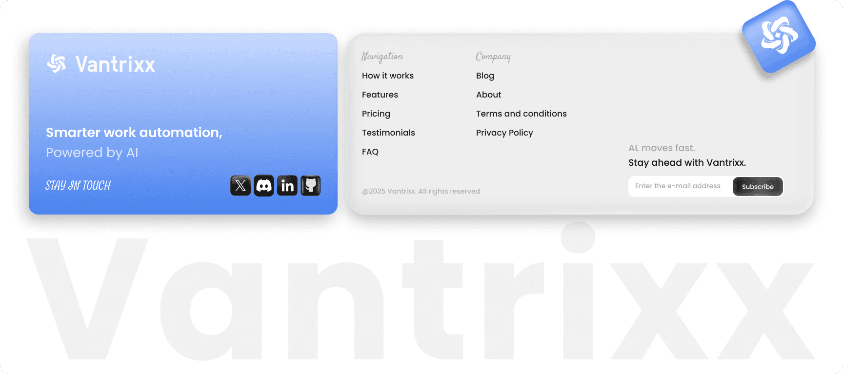 The footer reinforces the product’s value with a strong closing statement and a clear call-to-action. It serves as a final opportunity to capture user interest while providing essential navigation and additional resources in a structured layout.