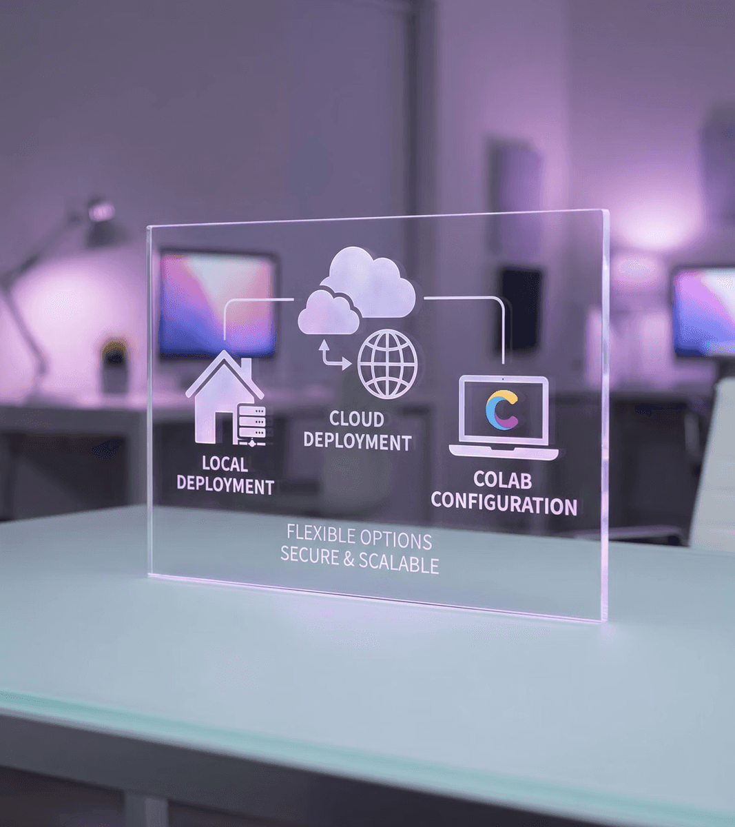 A transparent glass display showing three deployment models: Local Deployment with a house icon, Cloud Deployment with cloud and globe icons, and Colab Configuration with a laptop icon, labeled as flexible, secure, and scalable options.