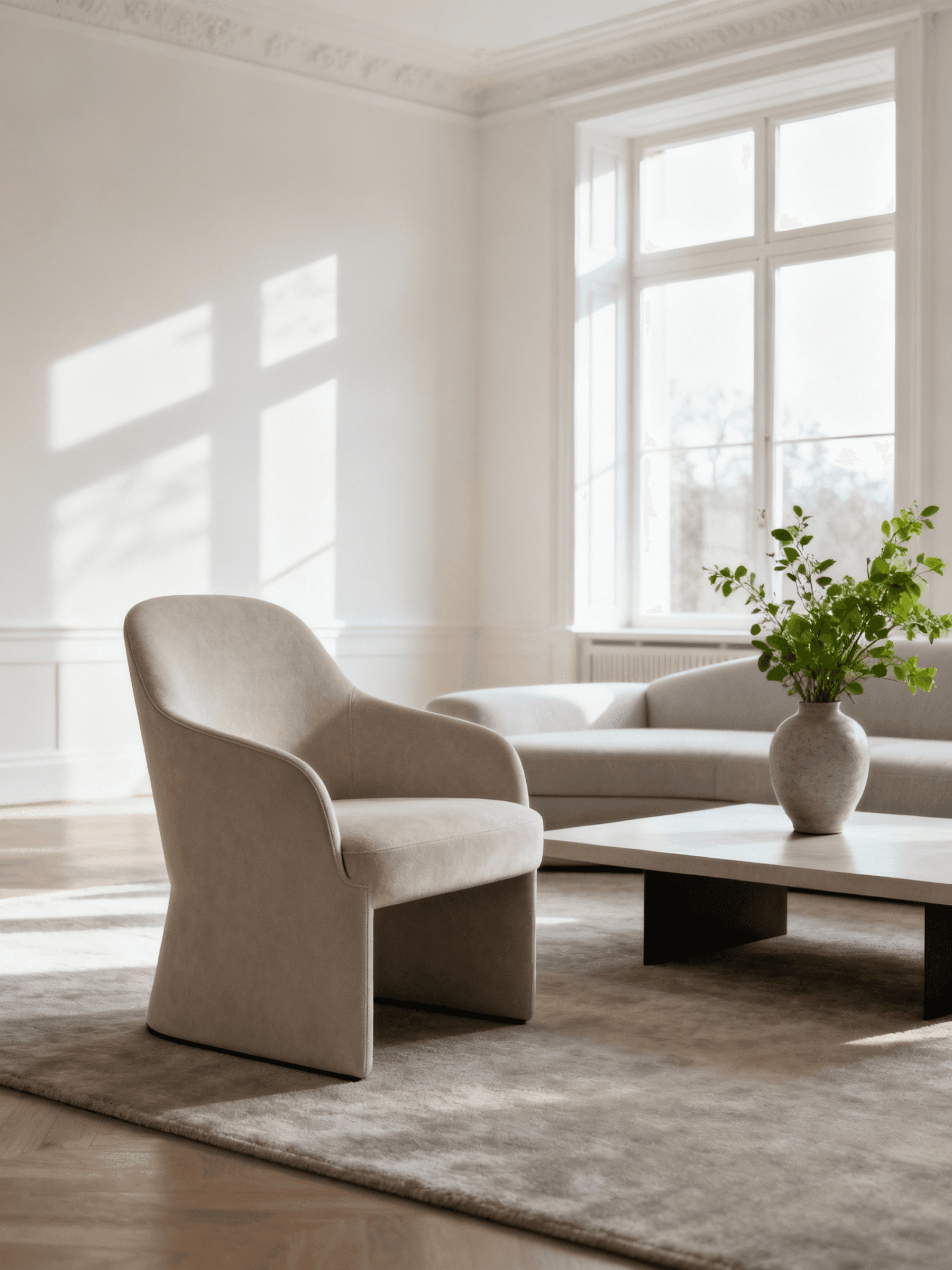Serene living space with cream curved armchair, modern coffee table, large gridded windows, dramatic natural light, and fresh greenery in stone vase
