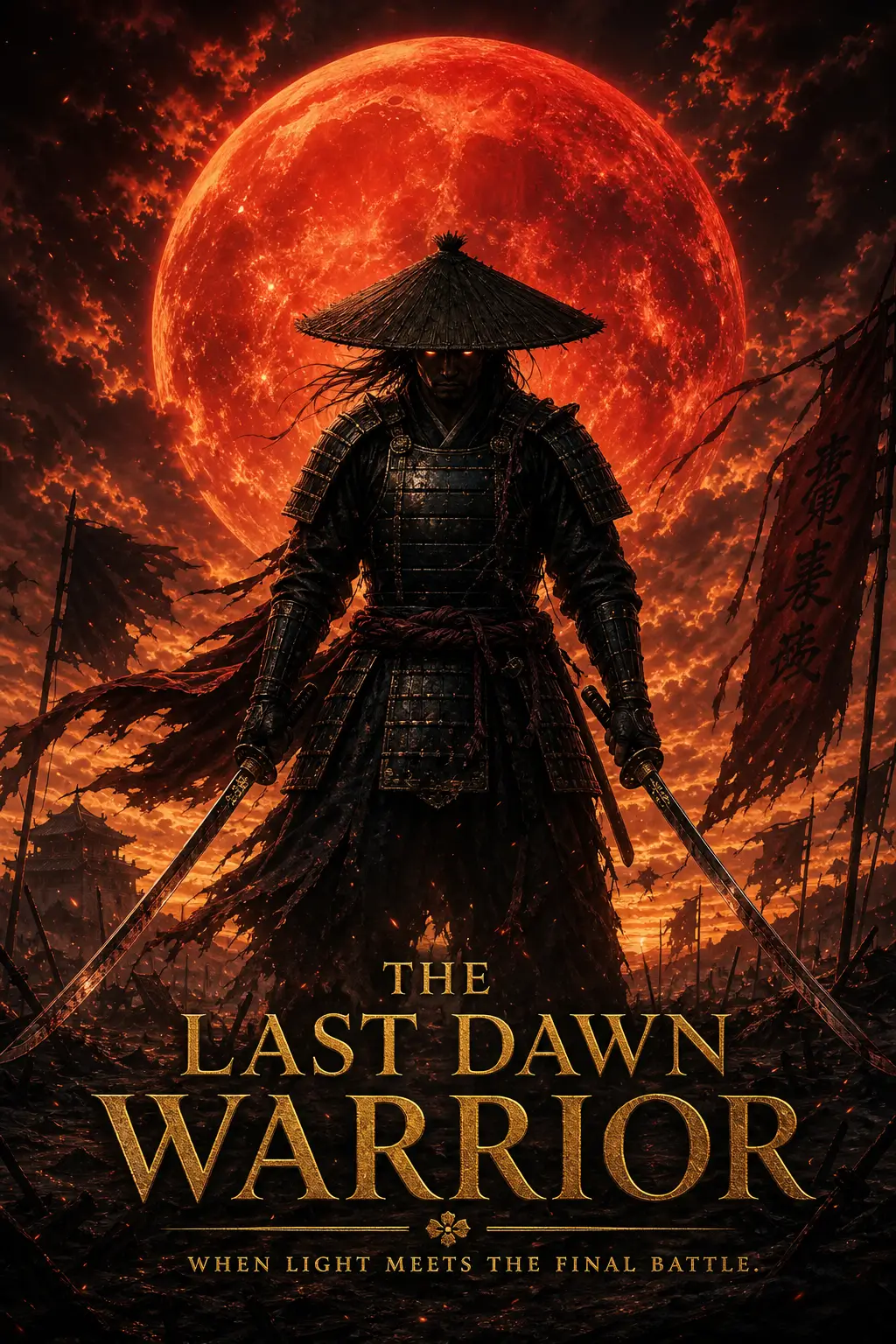 AI-generated samurai fantasy poster of a lone warrior standing beneath a massive red moon with dual swords in hand.
