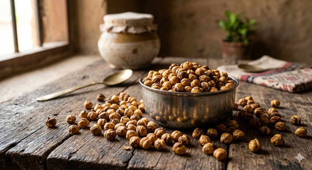 A close-up photograph of roasted chana (bhuna chana) served in a traditional metal bowl on a rustic wooden table in a natural, daylight-lit setting, representing a healthy Indian snack.