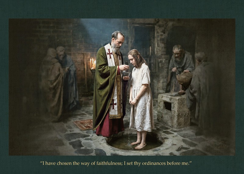 Sacred artwork by Faith and Verse. © Faith and Verse, 2025. All rights reserved. Catholic Saint Methodius holy card—scene of baptizing Ludmila and receiving her into the Christian faith—5×7 traditional saint scene by Faith and Verse