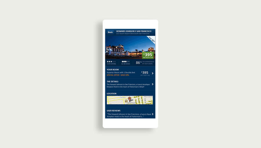 Hotel results - card list with price and rating at a glance, map accessible inline