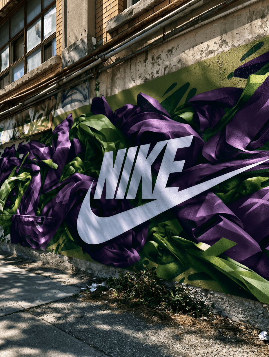 Nike swoosh graffiti mural on a city wall
