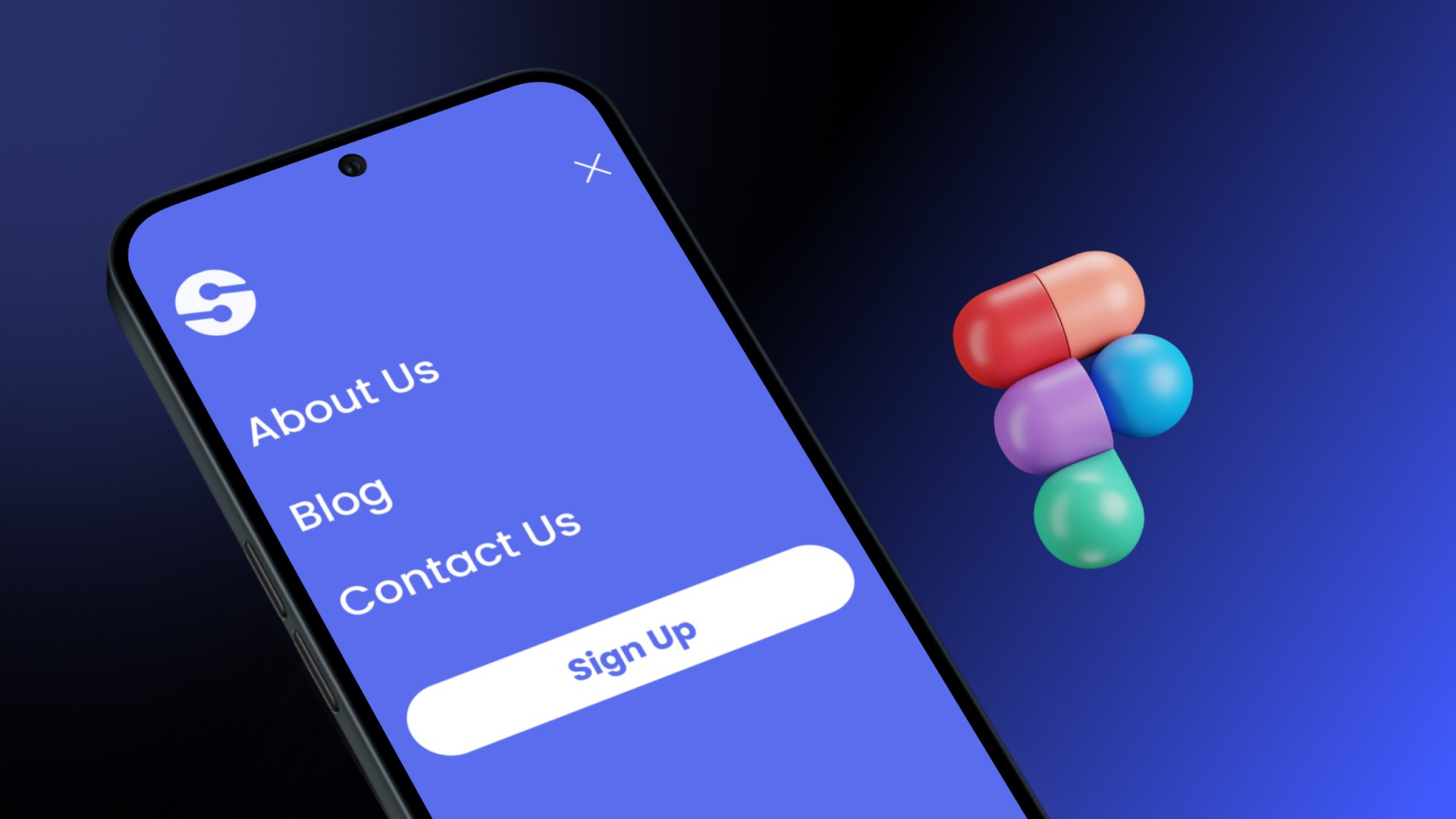 A mobile mockup next to the Figma logo showing a navigation bar UI design and menu working responsively on a mobile phone.