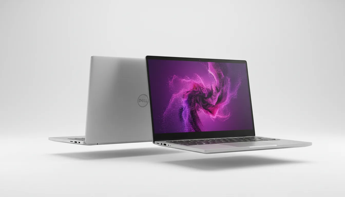 3D product render of two modern, silver Dell XPS laptops isolated on a seamless white studio background, soft global illumination creating gentle floating shadows. The foreground laptop is open and angled towards the viewer, its edge-to-edge screen displays a vibrant and complex abstract digital artwork of swirling purple and pink particle effects, reminiscent of a creative render from Adobe After Effects. A second, closed laptop is positioned behind it, slightly offset to the left, showing its anodized aluminum finish.