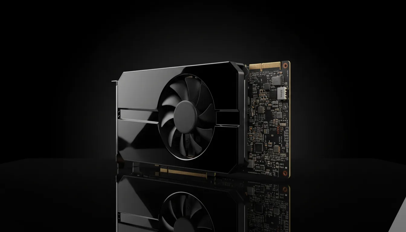 DSLR studio product photography of a sleek, black NVIDIA RTX A1000 workstation GPU, captured at a three-quarters angle against a seamless, pure black background. The GPU features a minimalist black shroud with a mix of matte and glossy finishes, a circular blower-style fan, and an exposed circuit board at the rear showing detailed electronic components. The hardware rests on a highly reflective, glossy black surface, creating a distinct mirror reflection directly underneath. Soft studio lighting creates elegant highlights on the GPU's edges and surfaces, emphasizing its form with dramatic, cinematic contrast.