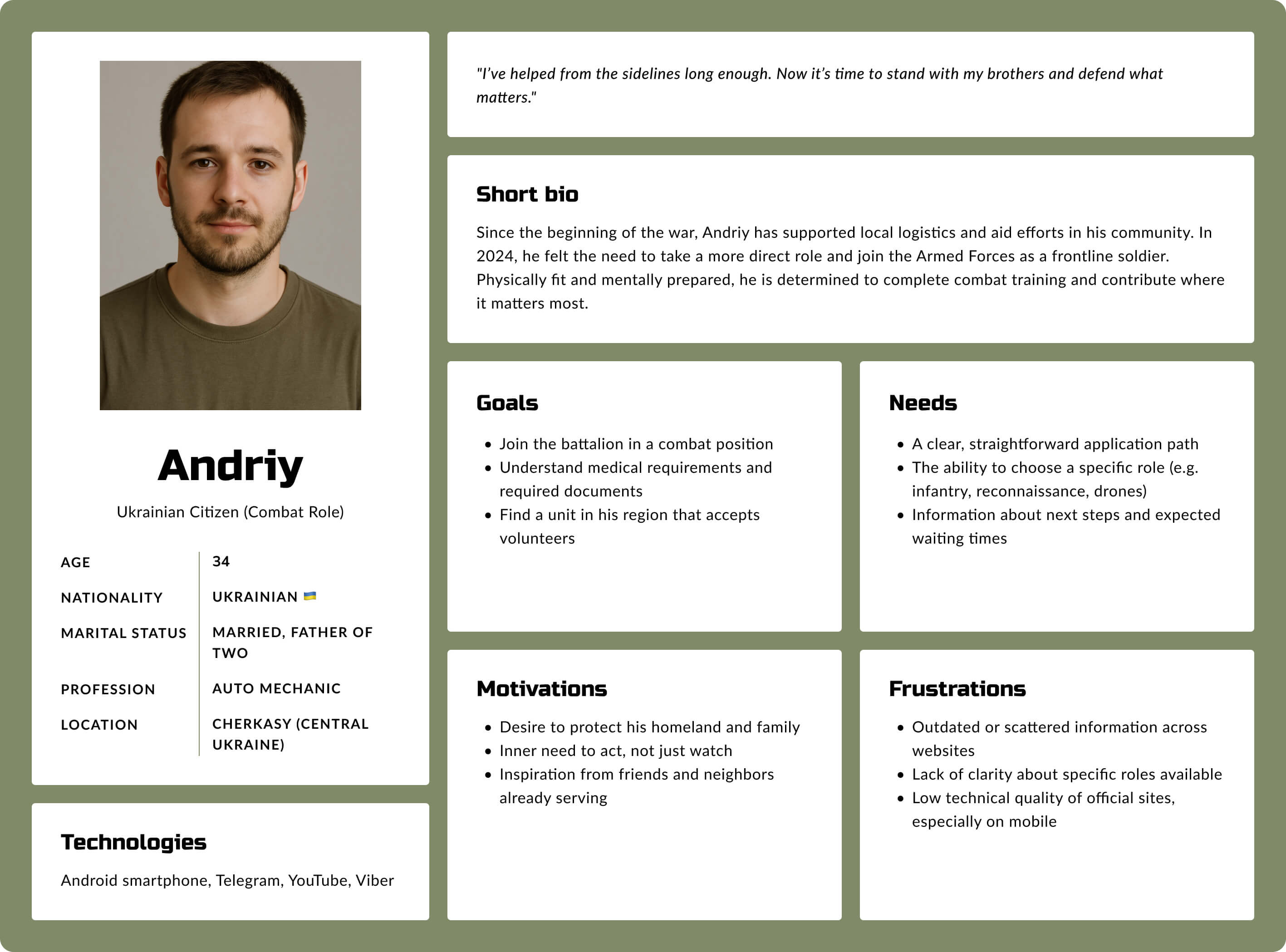 Persona profile of Andriy, a 34-year-old Ukrainian auto mechanic and father of two, motivated to join the armed forces in a combat role.