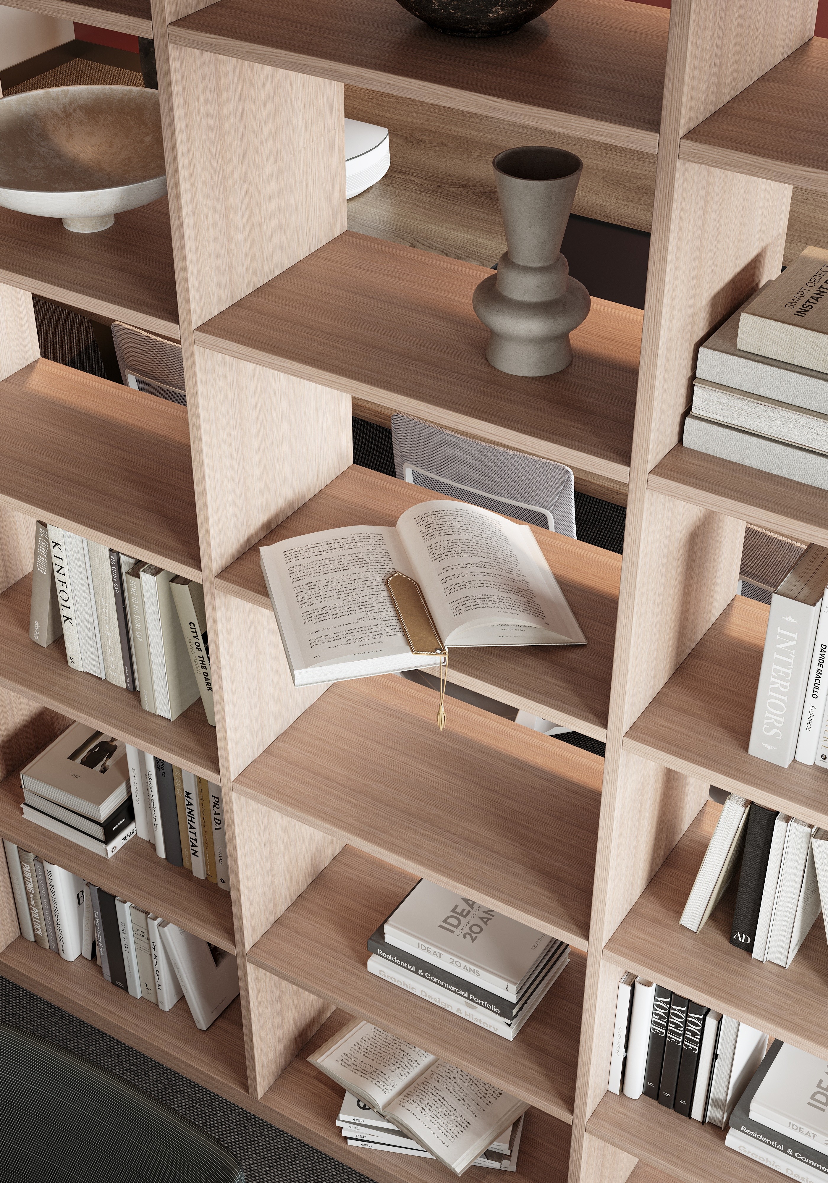 Professional office interior designer layout showing arched architectural doorways and open desks