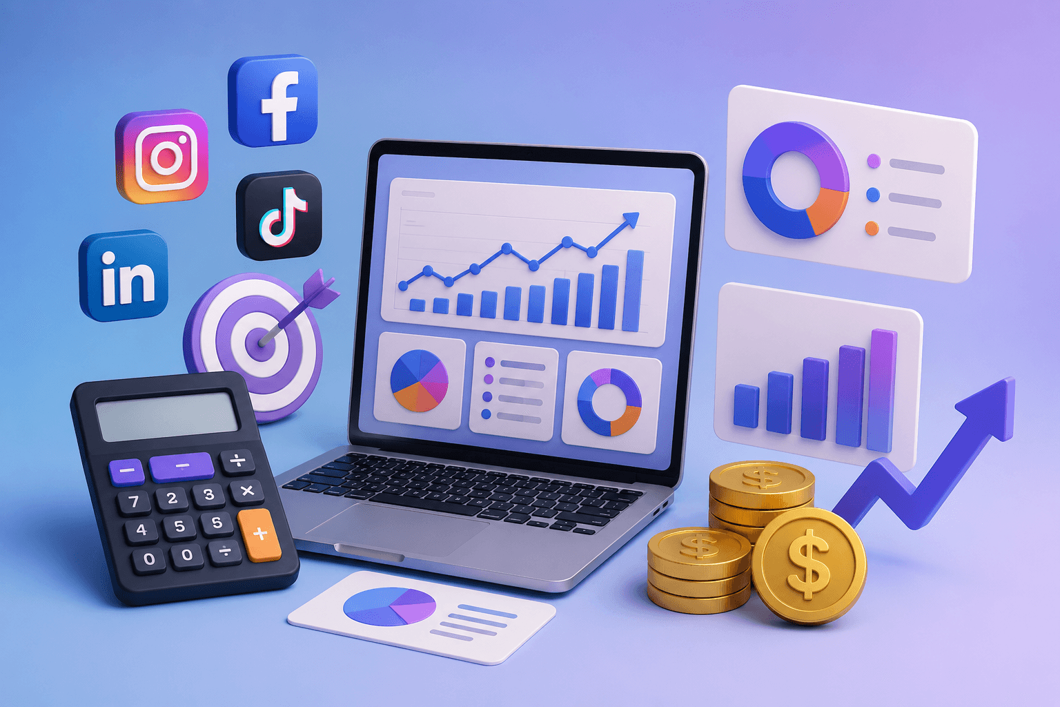 AI-powered social media ROI analytics dashboard with growth charts, calculator, revenue tracking, and business performance metrics for digital marketing strategy in 2026
