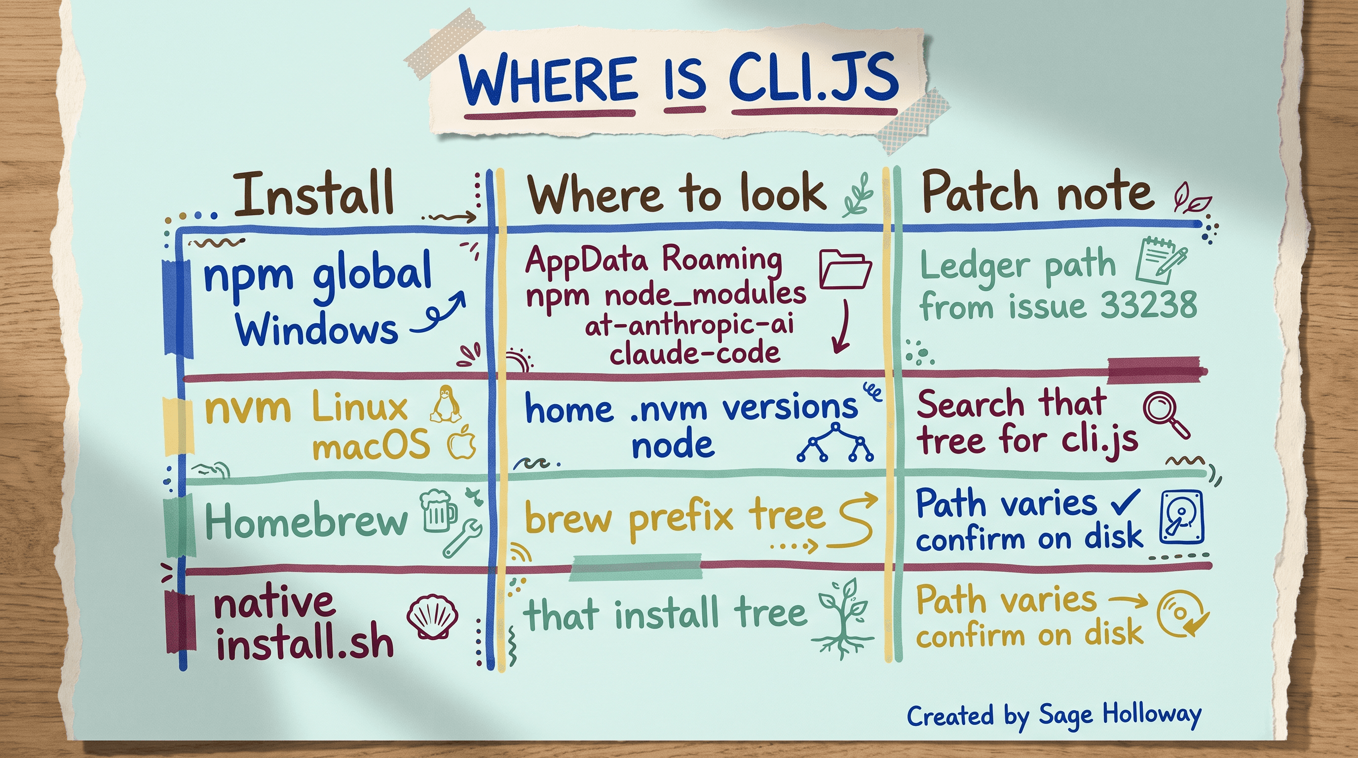 Table of Claude Code cli.js install paths for npm, nvm, brew, and the shell installer