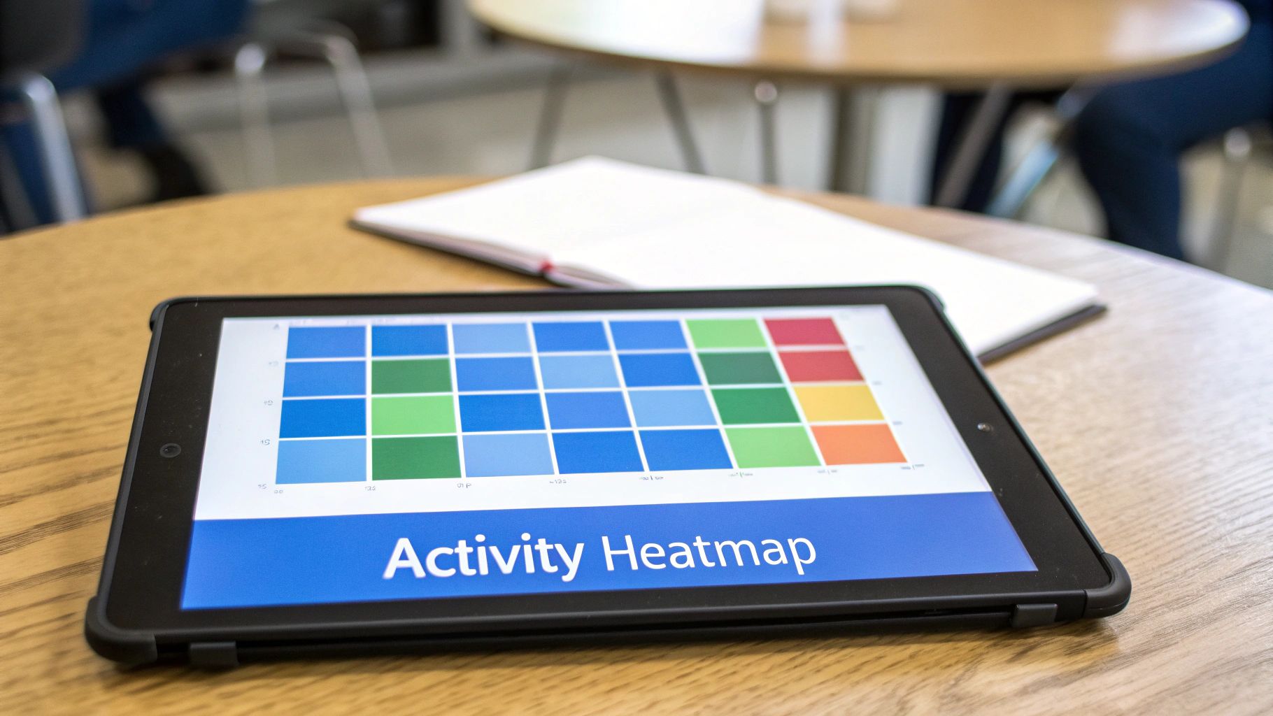 A tablet displays an activity heatmap with various colored squares on a wooden table.