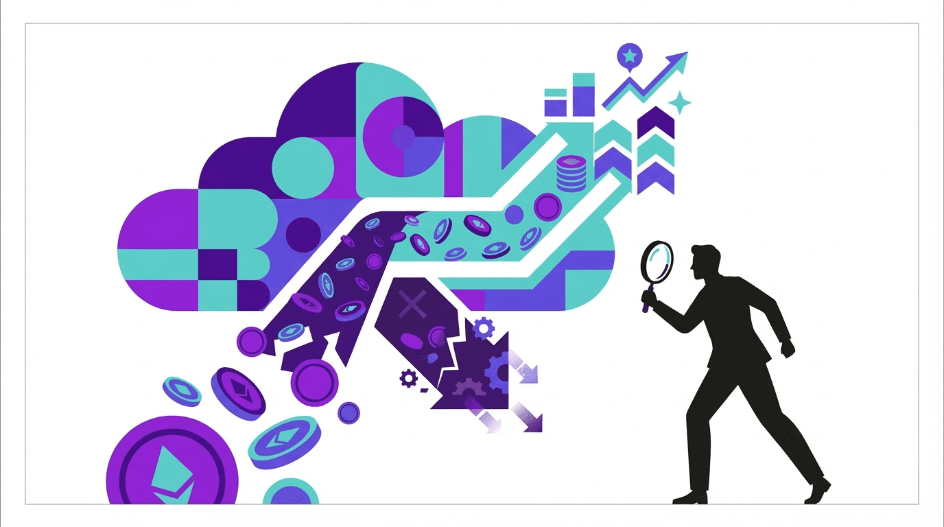 A silhouette of a person holding a magnifying glass, with colorful abstract clouds and shapes in the background.